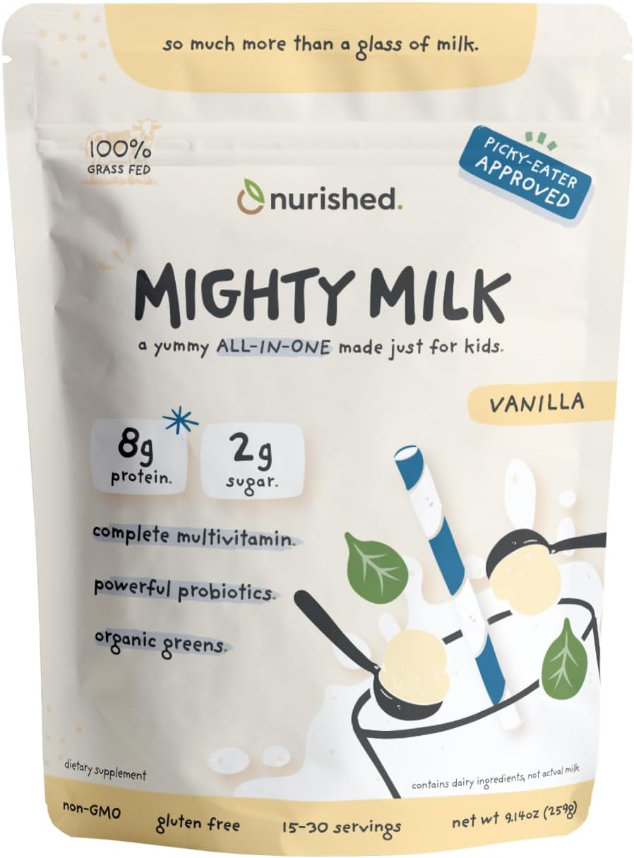 Vanilla Mighty Milk - Proteína en Polvo y Multivitamínico Diario para Niños con Probióticos y Espinacas Orgánicas - 15-30 Servicios