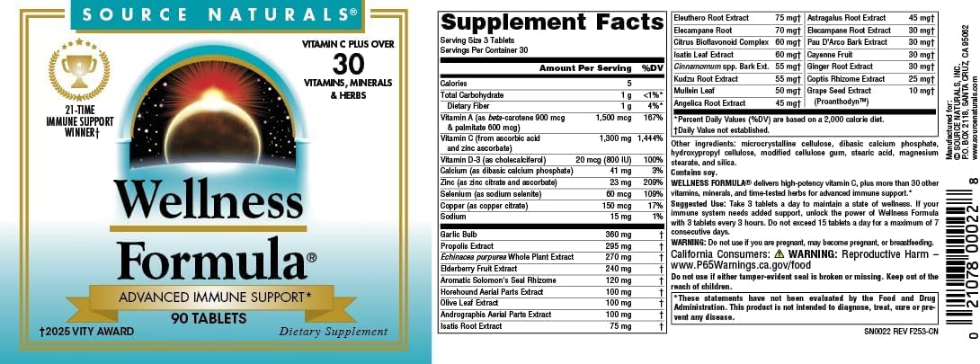 Source Naturals Wellness Formula Bio-Aligned Vitaminas y Defensa Herbal - 90 Comprimidos