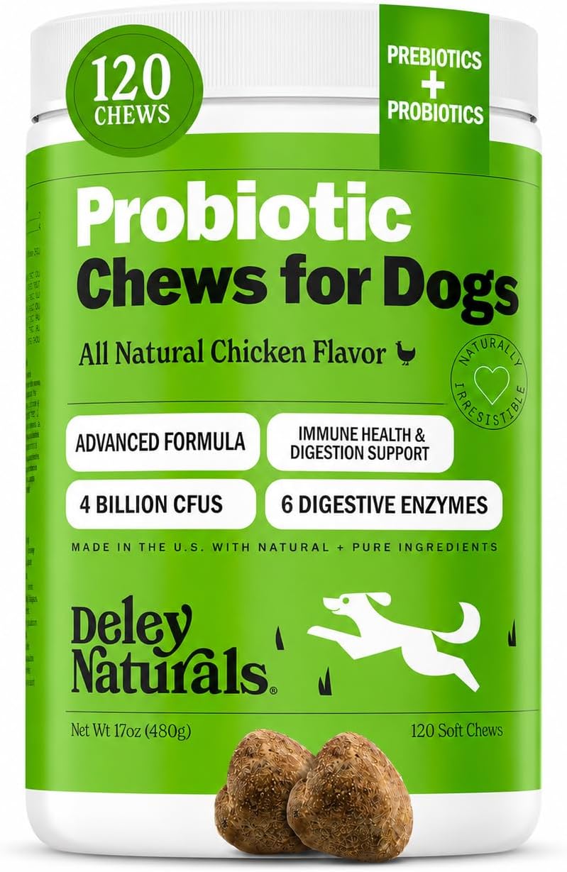 Deley Naturals Probióticos Plus Masticables para Perros - 5 Mil Millones UFC con Enzimas Digestivas - Sabor a Calabaza - 90 Unidades