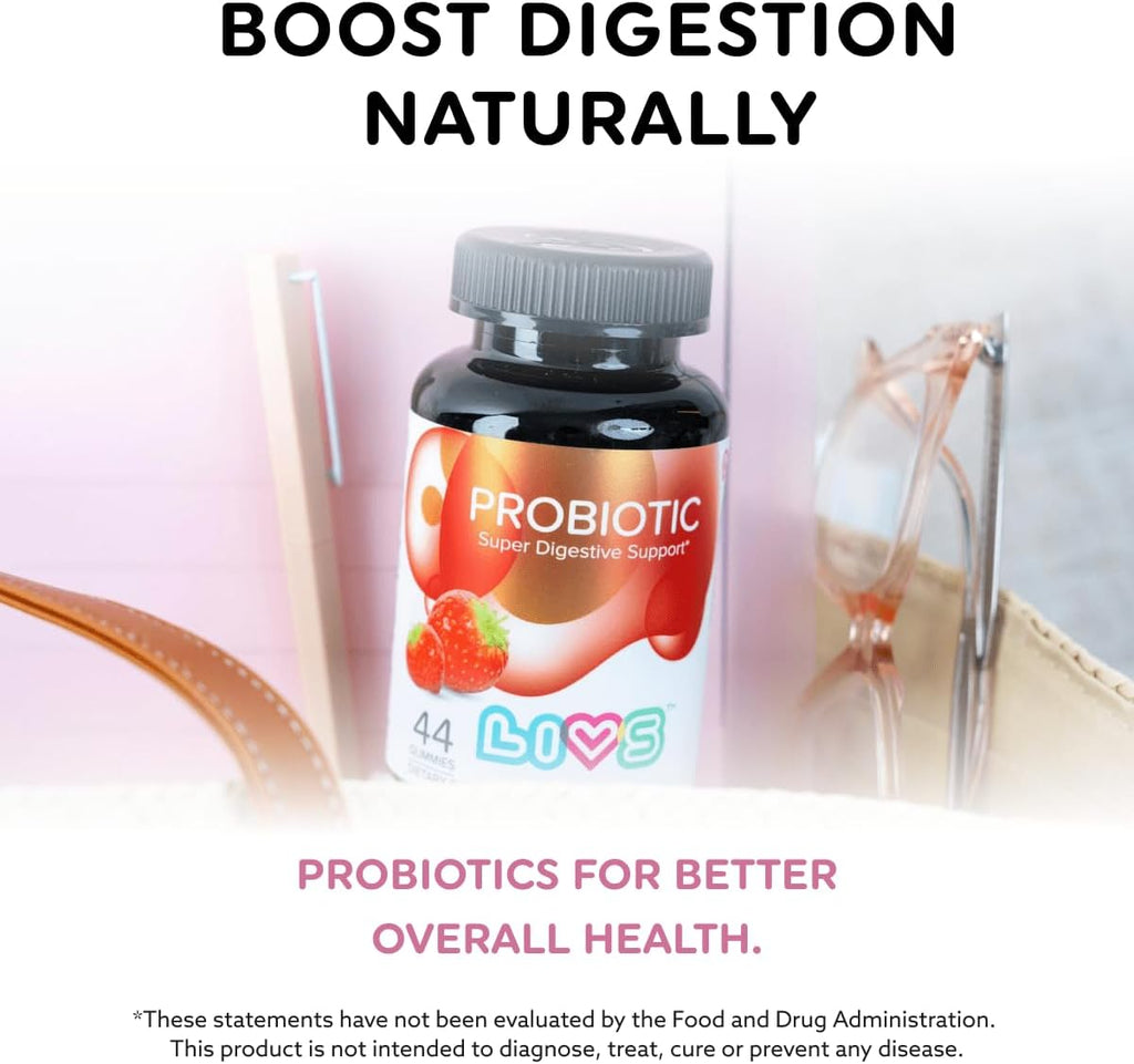 LIVS Probióticos en Gominolas para Mujeres y Hombres – 5 Mil Millones de CFU Bacillus Coagulans – Salud Digestiva, Ánimo e Inmunidad – Natural, Vegano, Sabor Fresa – 44 Gomitas