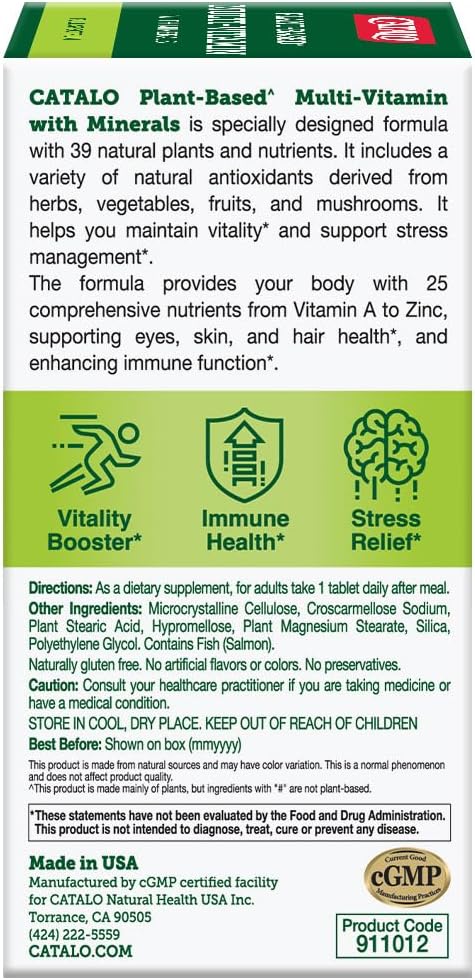 CATALO Multivitamínico para Mujeres y Hombres con Minerales – Fórmula de Origen Vegetal con 25 Vitaminas y Minerales Esenciales, Incluye 39 Frutas, Verduras, Setas y Hierbas – 60 Comprimidos