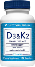 The Vitamin Shoppe Vitamina D3 K2 5000 UI - Combinación D3 + K2 MK-7 | 120 Cápsulas