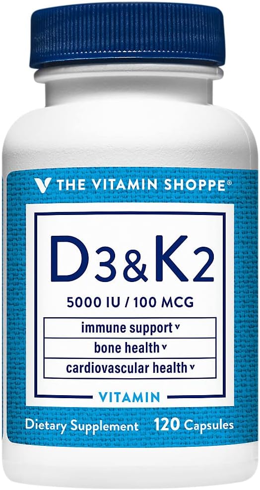 The Vitamin Shoppe Vitamina D3 K2 5000 UI - Combinación D3 + K2 MK-7 | 120 Cápsulas