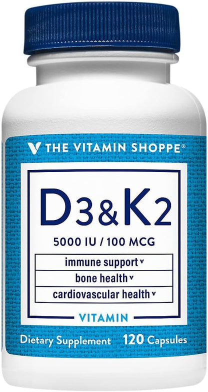 The Vitamin Shoppe Vitamina D3 K2 5000 UI, 120 Cápsulas – Image 1