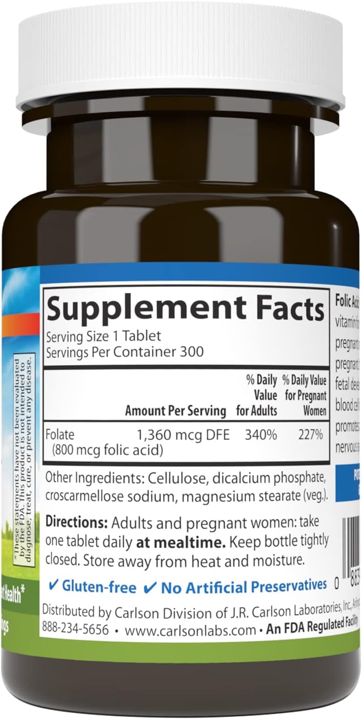 Carlson - Folic Acid 800 mcg for Prenatal Support, 300 Tablets