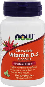 Now Foods Vitamina D-3 5000 UI Comprimidos Masticables, Sabor Menta, 120 Comprimidos