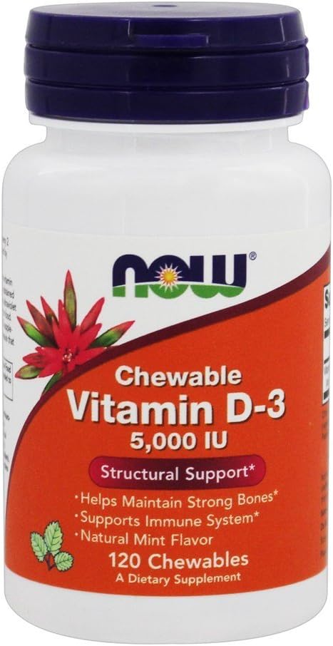 Now Foods Vitamina D-3 5000 UI Comprimidos Masticables, Sabor Menta, 120 Comprimidos