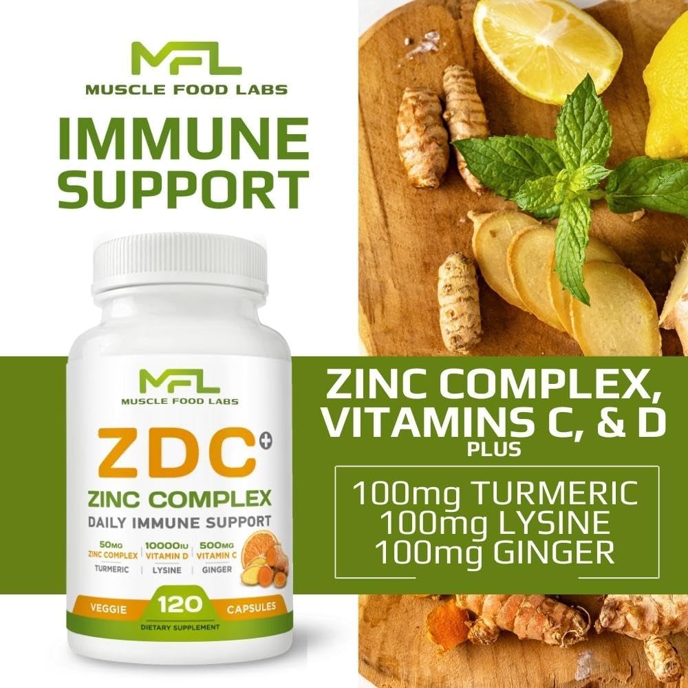 MUSCLE FOOD LABS ZDC Plus | Vitamina C 500mg, D3, Zinc, Cúrcuma, Jengibre, Lisina | 120 Cápsulas Veganas