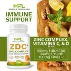 MUSCLE FOOD LABS ZDC Plus | Vitamina C 500mg, D3, Zinc, Cúrcuma, Jengibre, Lisina | 120 Cápsulas Veganas