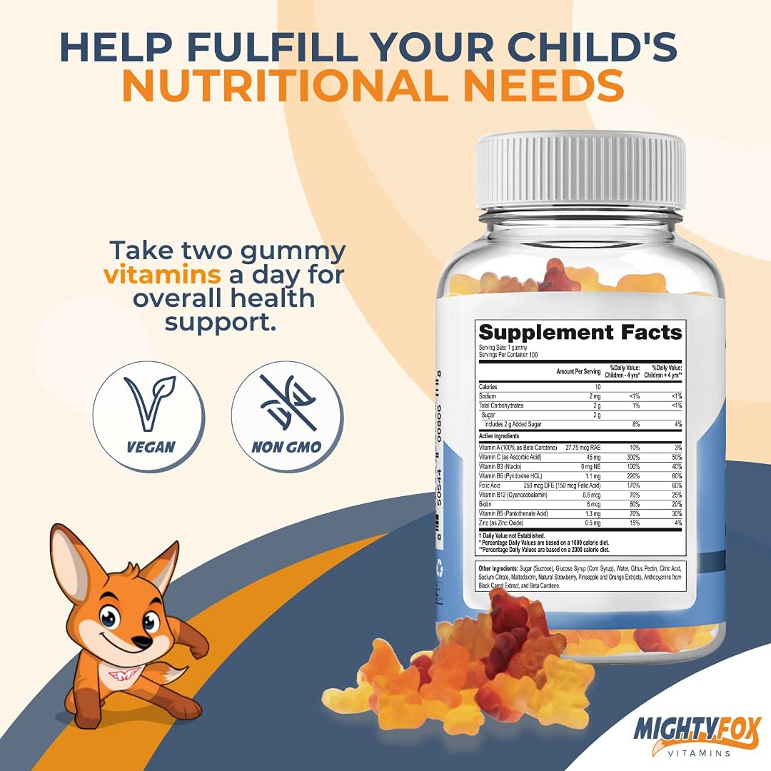 Mighty Fox Vitamins Multivitamínico en Gominolas para Niños - Sin OGM, Sin Gluten, Vegano (100 Gominolas, Paquete de 2)