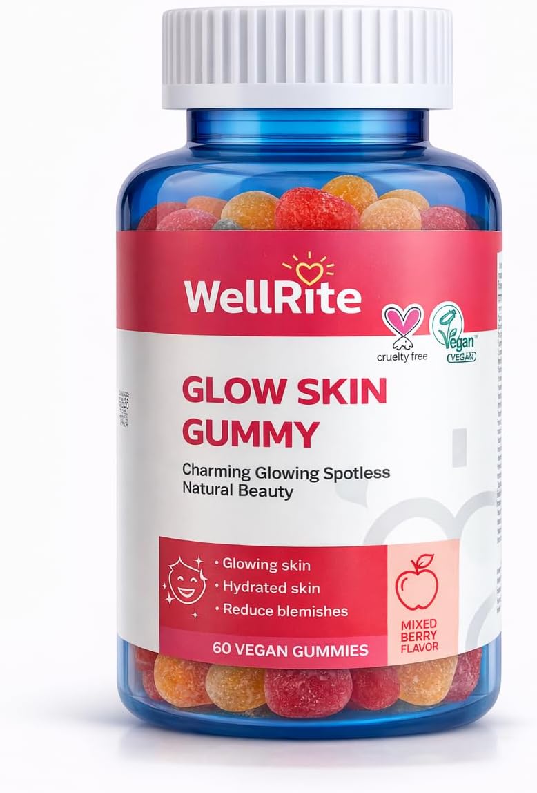 Wellrite Glow Skin Gummy Vitamins – Gominolas para la piel, 60 uds, sabor manzana, veganas