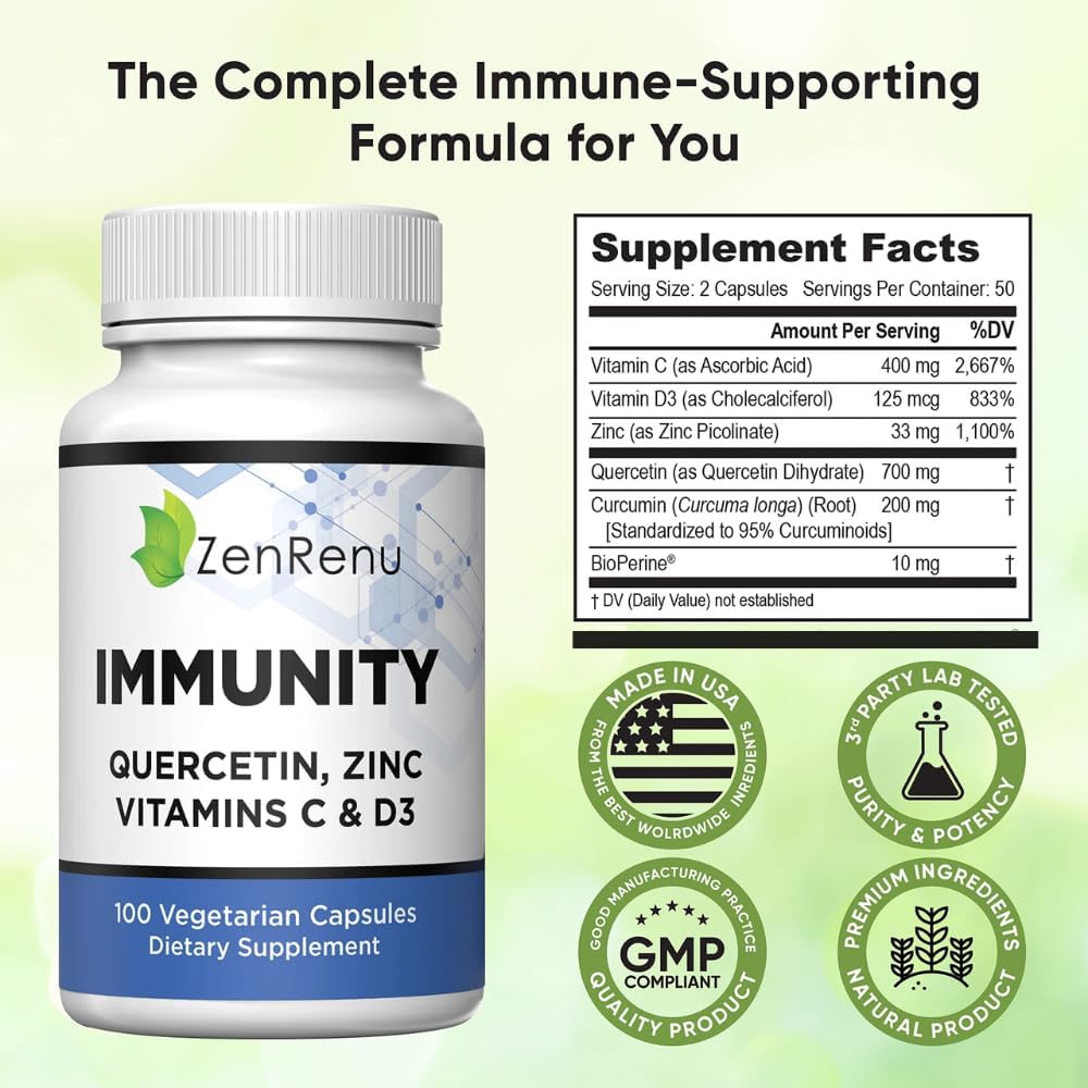 Immunity Quercetin 700 mg con Zinc, Vitamina C, Vitamina D y Cúrcuma - 100 Cápsulas Vegetales