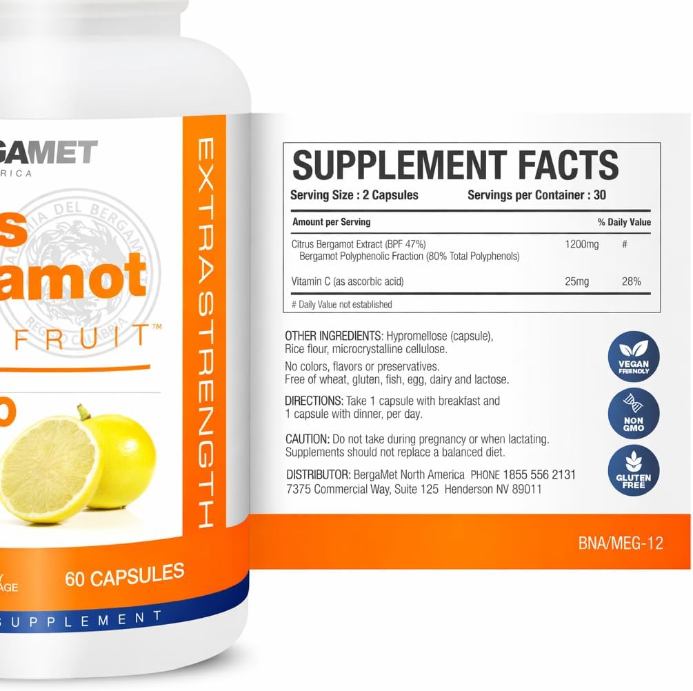 BergaMet Suplemento de Citrus Bergamot, Extracto 170:1, 1200mg, 80% Polifenoles, 60 Cápsulas