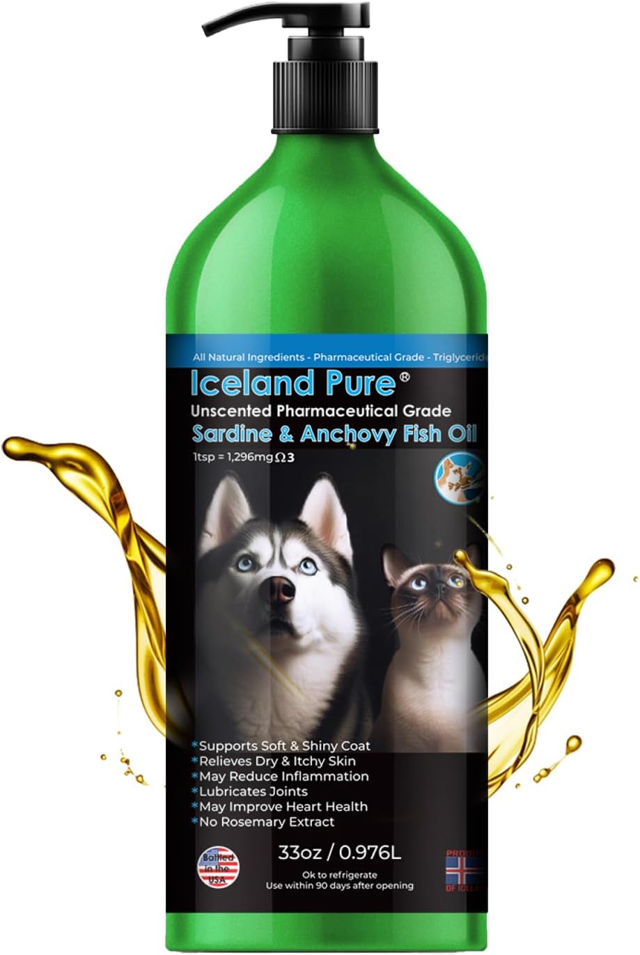 Aceite de Sardina y Anchoa | 1296 mg Omega | Grado Farmacéutico Sin Olor | Para Perros y Gatos | Botella de Aluminio Cepillado con Recubrimiento Epoxi sin BPA con Dosificador 33 OZ