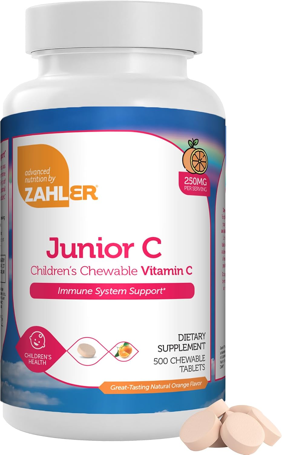 Zahler Junior C Advanced Vitamina C Masticable para Niños - Sabor Naranja - 500 Comprimidos