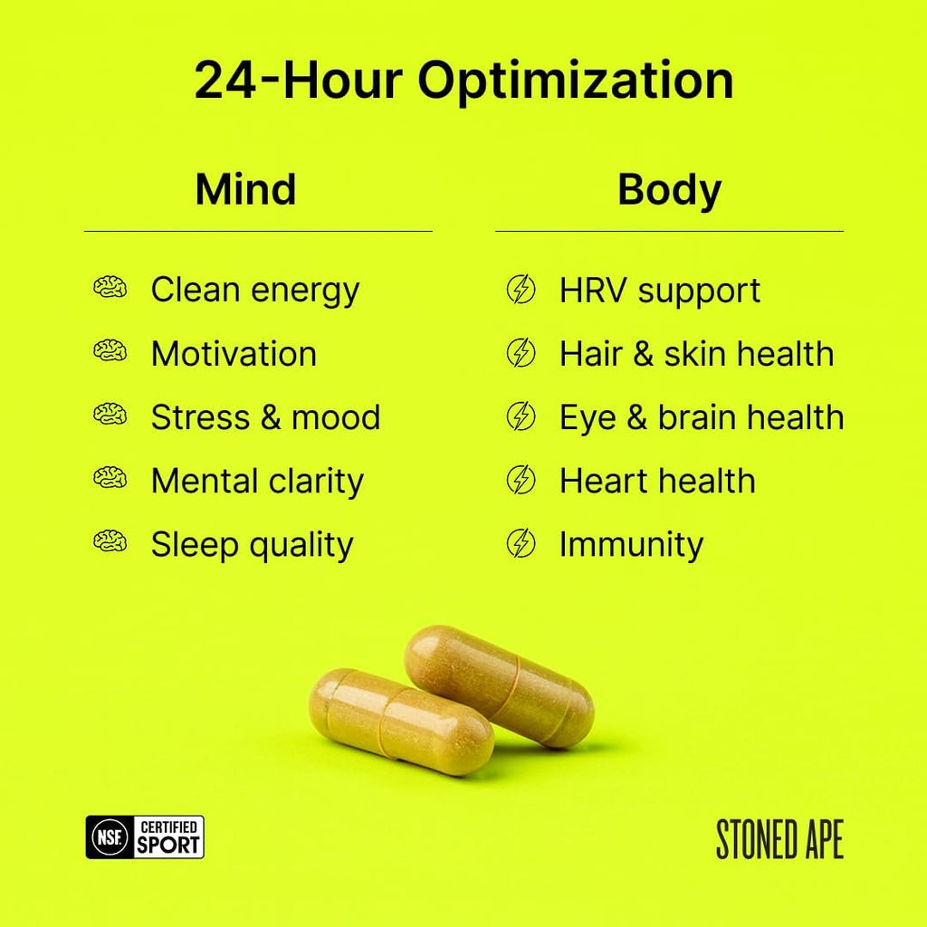 Stoned Ape Nootropack - Suplemento para la salud cerebral: enfoque, estado de ánimo, sueño, memoria, energía y recuperación - Vitaminas, minerales, hierbas, adaptógenos, hongos - Apto para keto, paleo y veganos - Certificado NSF Sport