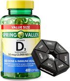 Spring Valley Vitamina D3 50 mcg (2.000 UI) - 400 Cápsulas Blandas + Pastillero Semanal