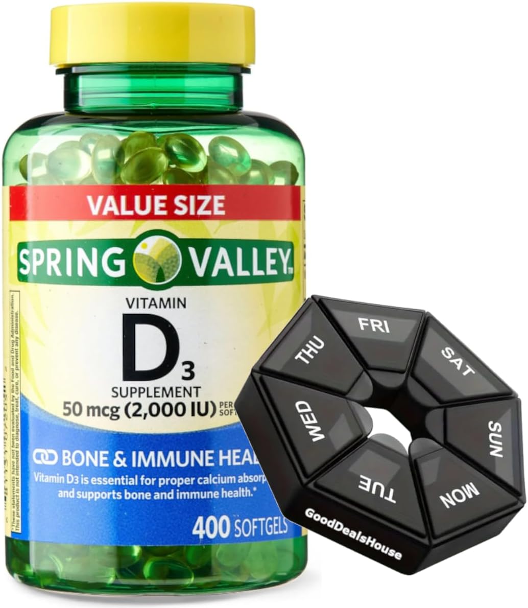 Spring Valley Vitamina D3 50 mcg (2.000 UI) - 400 Cápsulas Blandas + Pastillero Semanal