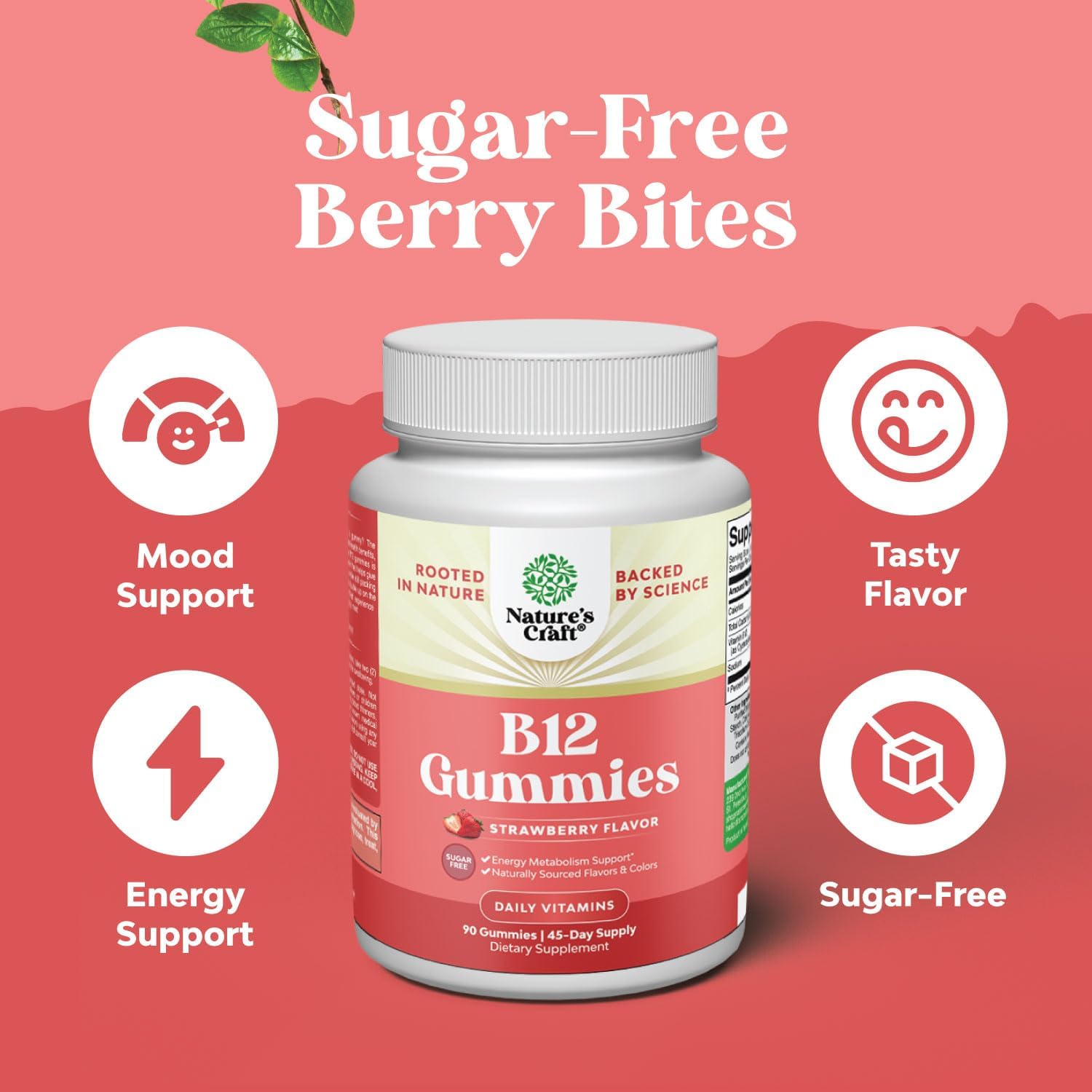 Vitamin B12 Gummies - Gomitas de Vitamina B12 1000 mcg Sin Azúcar para Adultos - Apoyo Energético e Inmune - Vegano, Sin Gluten, Kosher - 90 Gomitas