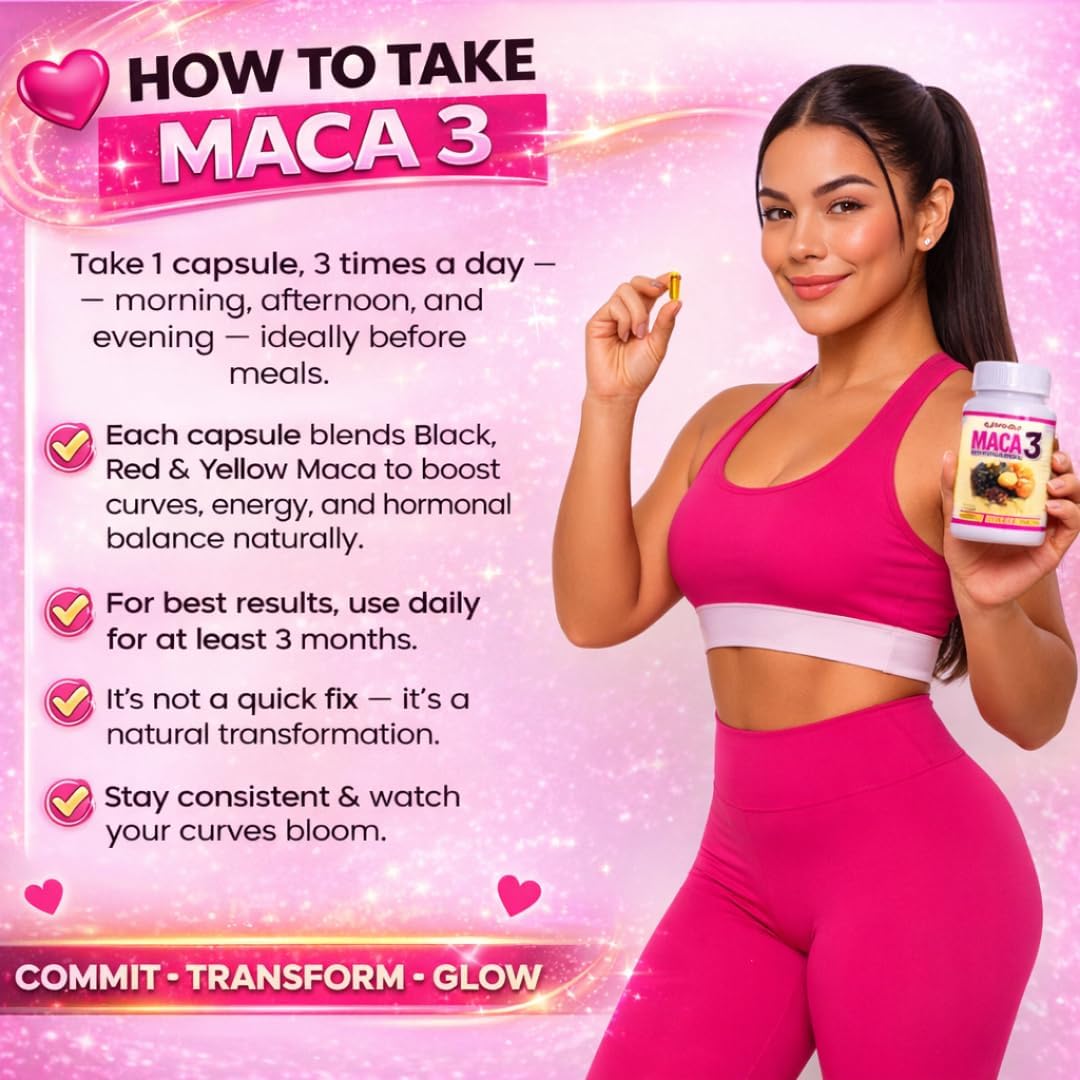 Maca 3 Cápsulas – Mezcla de Raíz de Maca Negra, Roja y Amarilla – Equilibrio Femenino y Apoyo Corporal Natural – Fórmula Herbal
