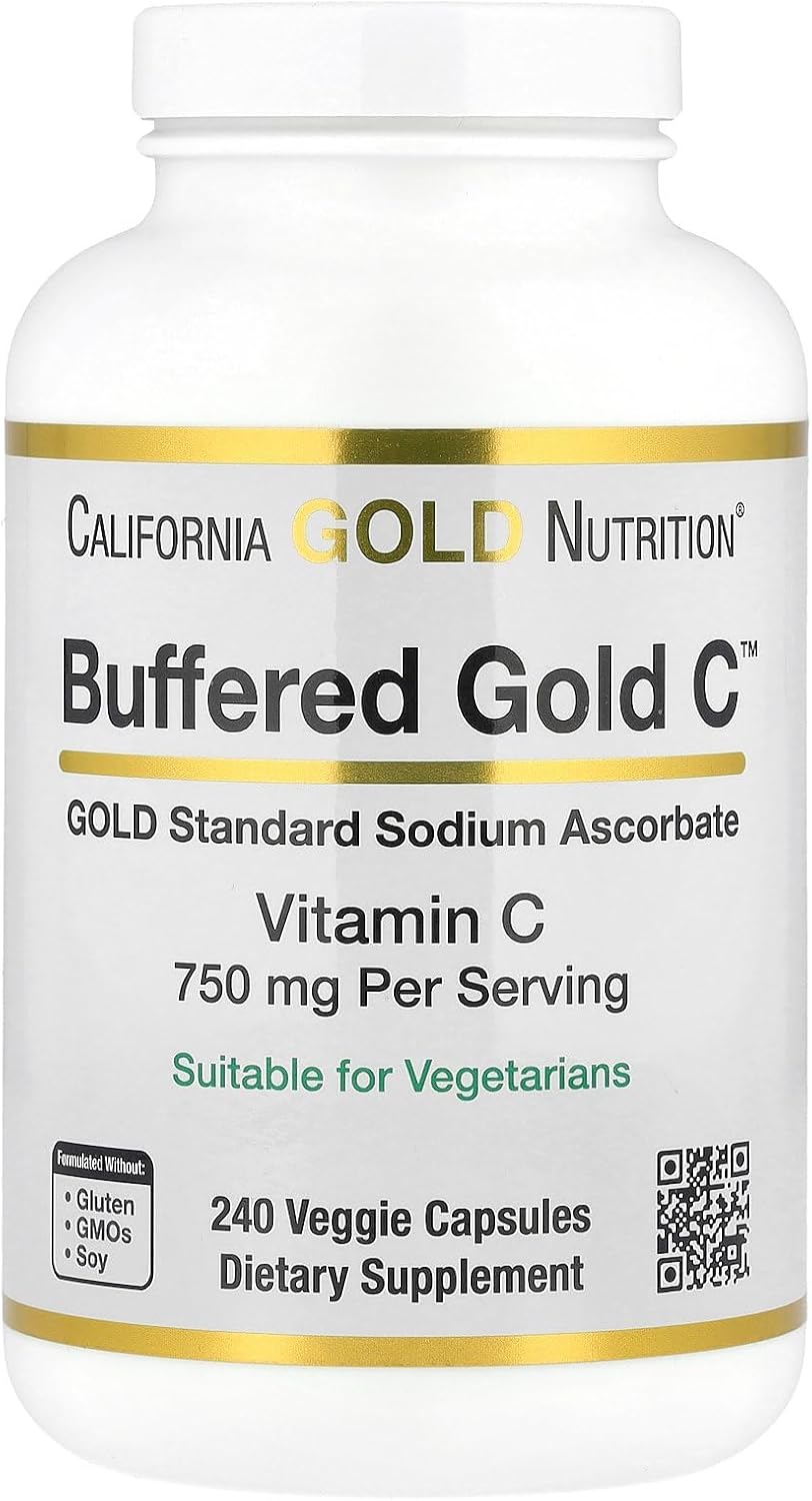 California Gold Nutrition Buffered Gold C – Vitamina C No Ácida 750 mg, 240 Cápsulas Vegetales