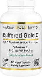 California Gold Nutrition Buffered Gold C – Vitamina C No Ácida 750 mg, 240 Cápsulas Vegetales