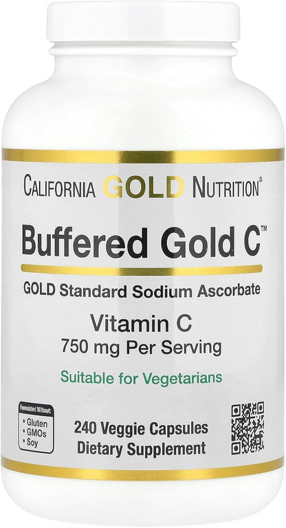 California Gold Nutrition Buffered Gold C – Vitamina C No Ácida 750 mg, 240 Cápsulas Vegetales – Image 1