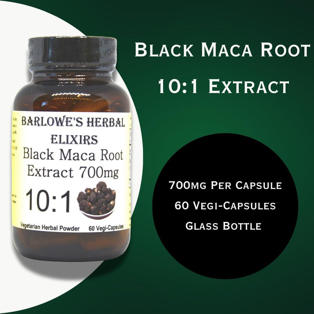 Barlowe's Herbal Elixirs Black Maca | Extracto de Raíz de Maca Peruana | 700 mg por Cápsula | 60 Cápsulas Vegetales (Vegano, Kosher, Halal) | Envase de Vidrio | Probado por Terceros