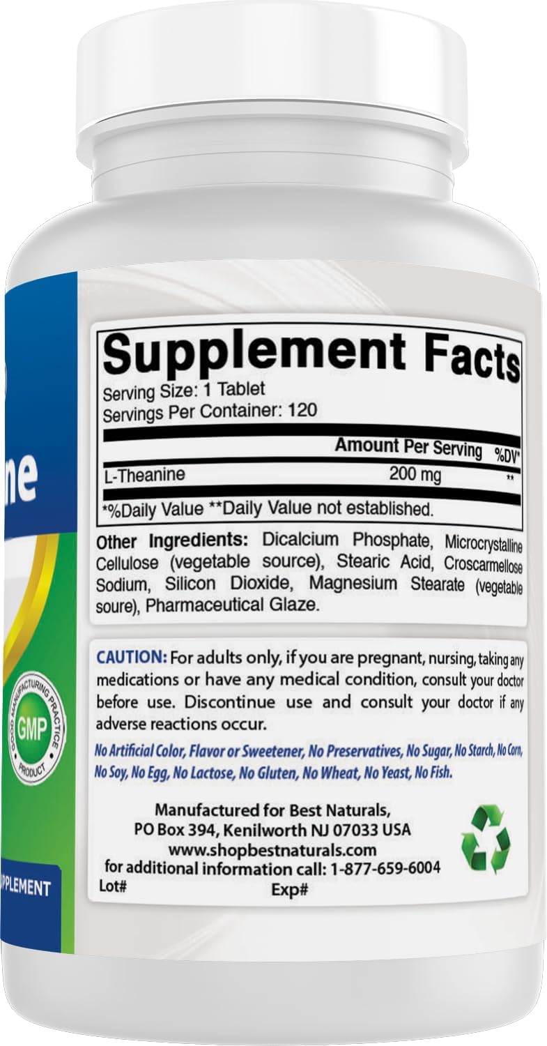 Best Naturals L-Teanina 200mg por Tableta (400mg por 2 Tabletas) - Promueve la Relajación Sin Somnolencia - 120 Tabletas Vegetarianas