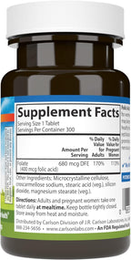 Carlson Ácido Fólico 400 mcg - Suplemento Prenatal para el Desarrollo Fetal, 300 Comprimidos