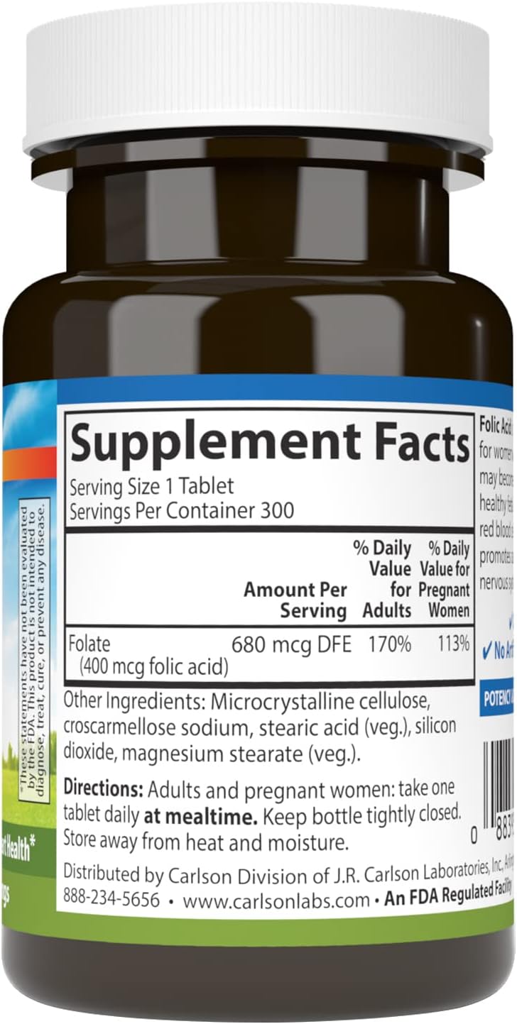 Carlson Ácido Fólico 400 mcg - Suplemento Prenatal para el Desarrollo Fetal, 300 Comprimidos