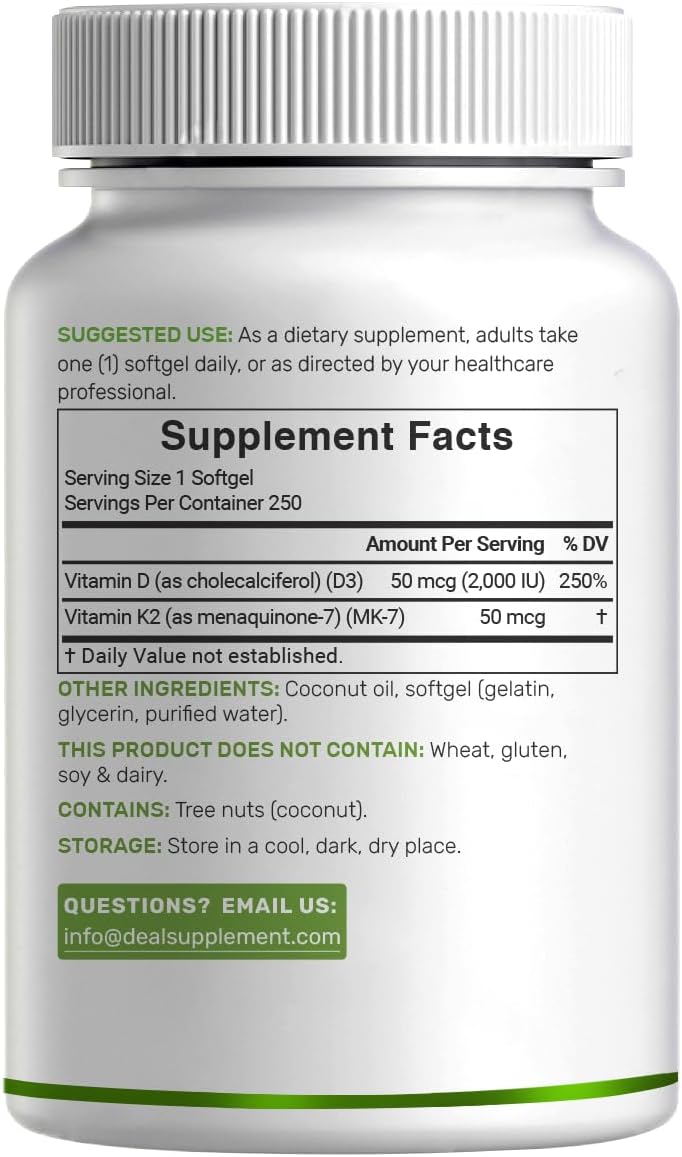 DEAL SUPPLEMENT Vitamina D3 2.000 UI + K2 MK7 50 mcg Softgels | Complejo 2 en 1 con Aceite de Coco Virgen