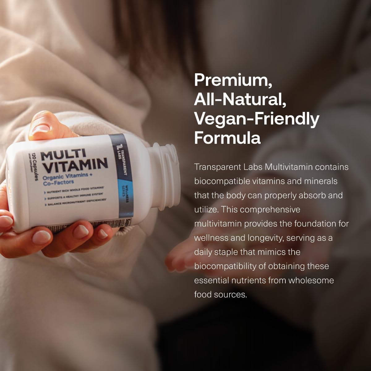 Transparent Labs Multivitamínico Diario para Mujeres – A Base de Alimentos Integrales, Vegano, Orgánico, con Vitaminas, Luteína, Biotina, Folato y Magnesio – 120 Cápsulas
