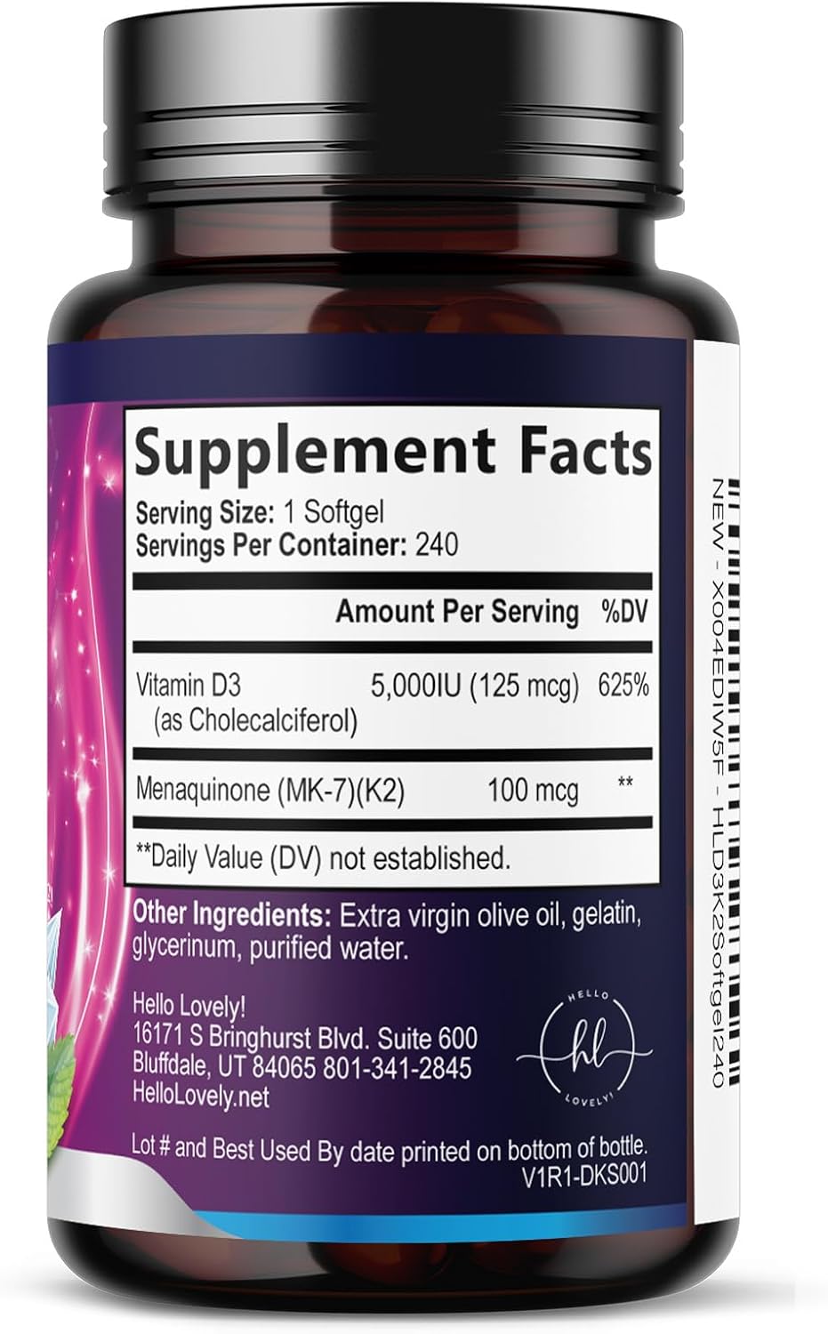 Vitamina D3 5000 IU con K2 MK-7 – 240 Cápsulas Blandas – Hello Lovely!