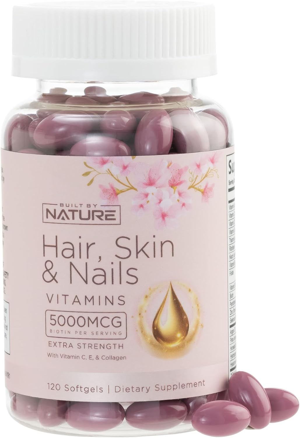 Built by Nature Vitaminas para Cabello, Piel y Uñas, 120 Cápsulas Blandas