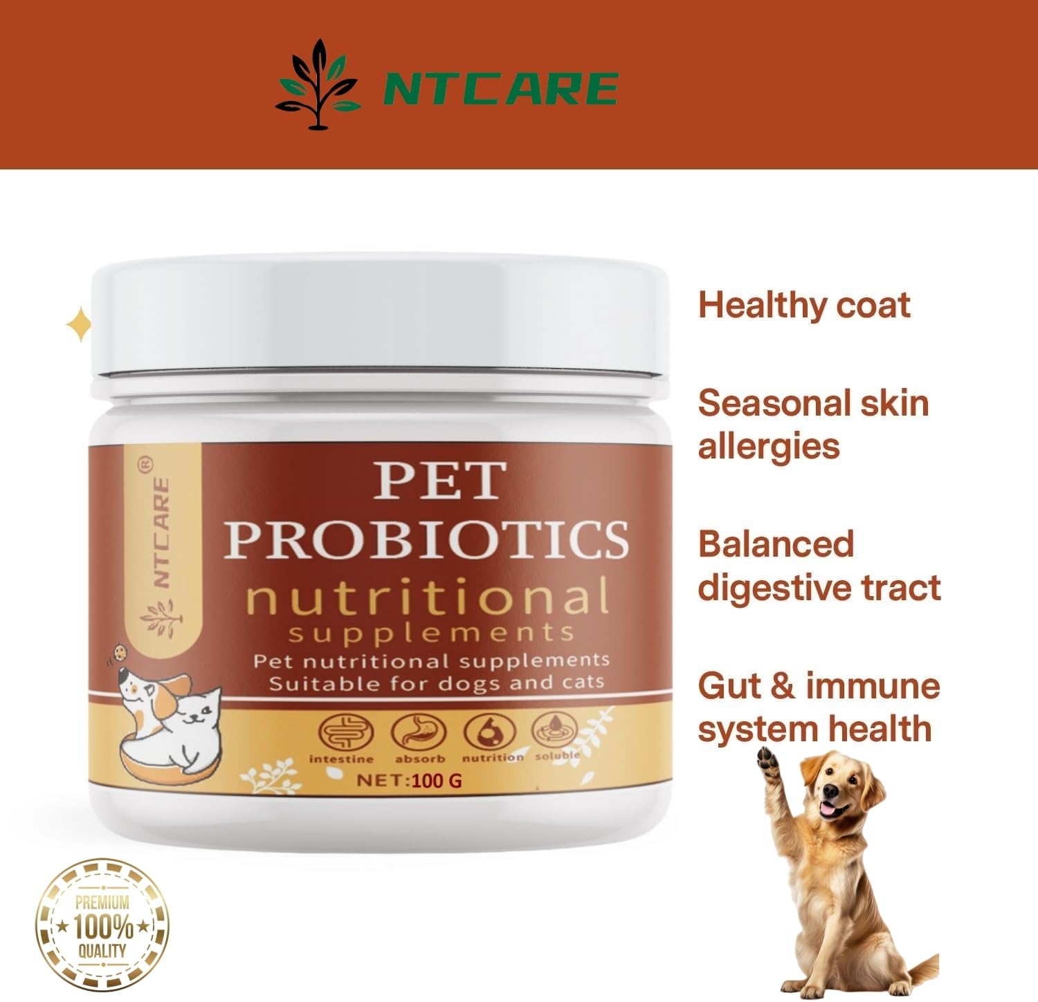 NTCARE Probióticos en Polvo para Perros y Gatos - Fórmula Veterinaria con Enzimas Digestivas y Prebióticos, 100g