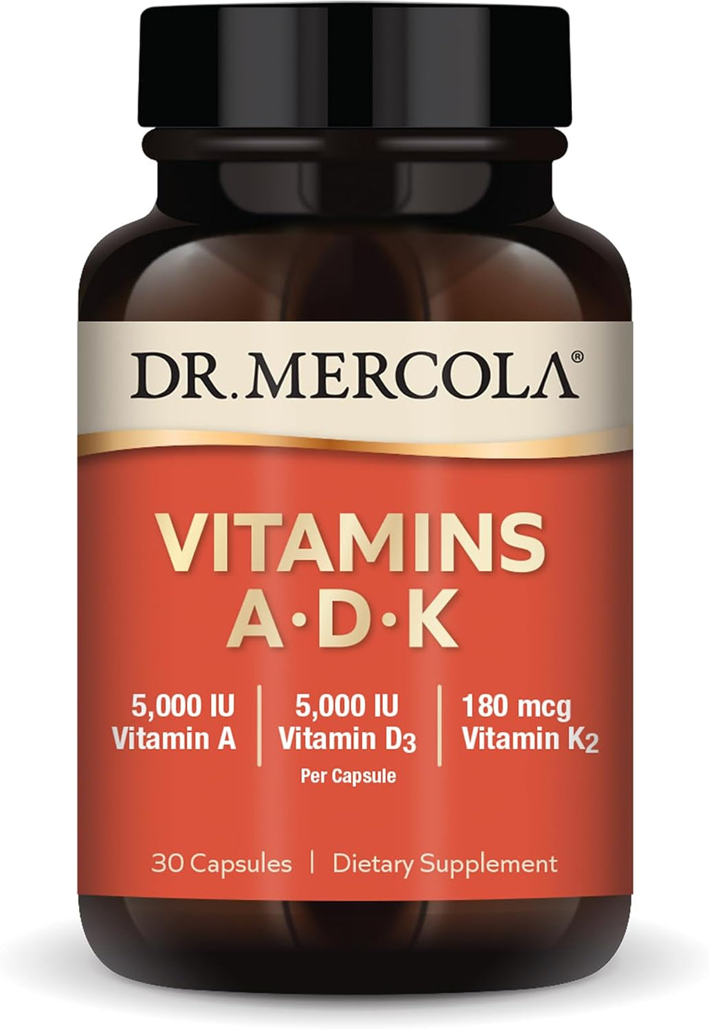 Dr. Mercola Vitaminas ADK, 30 Cápsulas, Complemento Alimenticio con Vitamina A (5000 UI), Vitamina D3 (5000 UI) y Vitamina K2 (180 mcg)