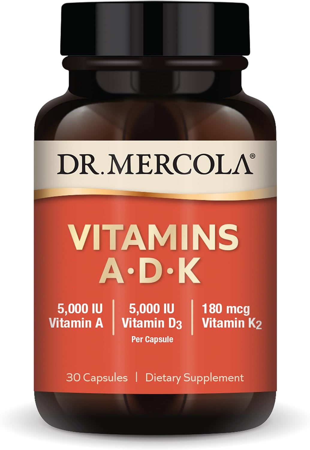 Dr. Mercola Vitaminas ADK, 30 Cápsulas, Complemento Alimenticio con Vitamina A (5000 UI), Vitamina D3 (5000 UI) y Vitamina K2 (180 mcg)