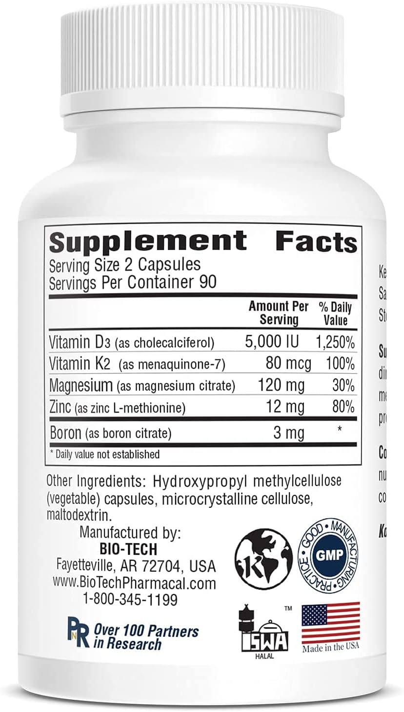 Bio-Tech Pharmacal D3Plus, 180 Vegetable Capsules - Supplement with Vitamin D3, K2, Magnesium, Zinc and Boron