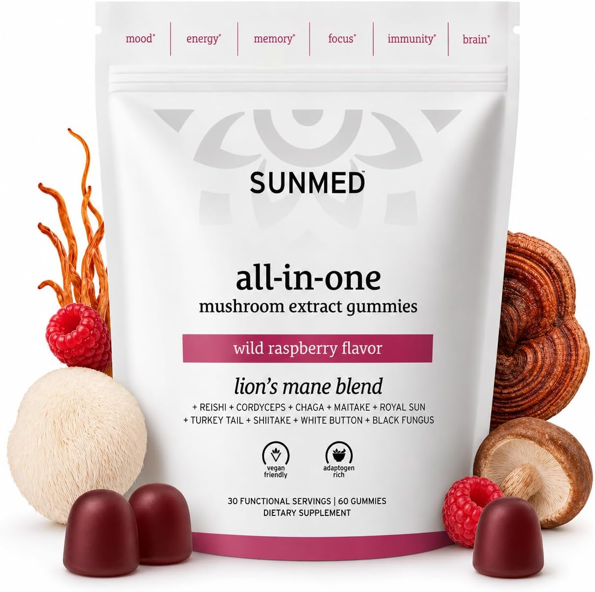 SUNMED Supergreens Daily Gummies – Mezcla de Bienestar con Ashwagandha, Té Verde, Spirulina, Probióticos y Antioxidantes | Frambuesa Silvestre, 60 unidades