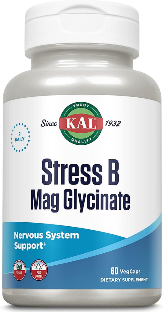 KAL Stress B Mag Glicinato - Complejo de Vitaminas B con Magnesio, Formas Activas, 60 Cápsulas Veganas