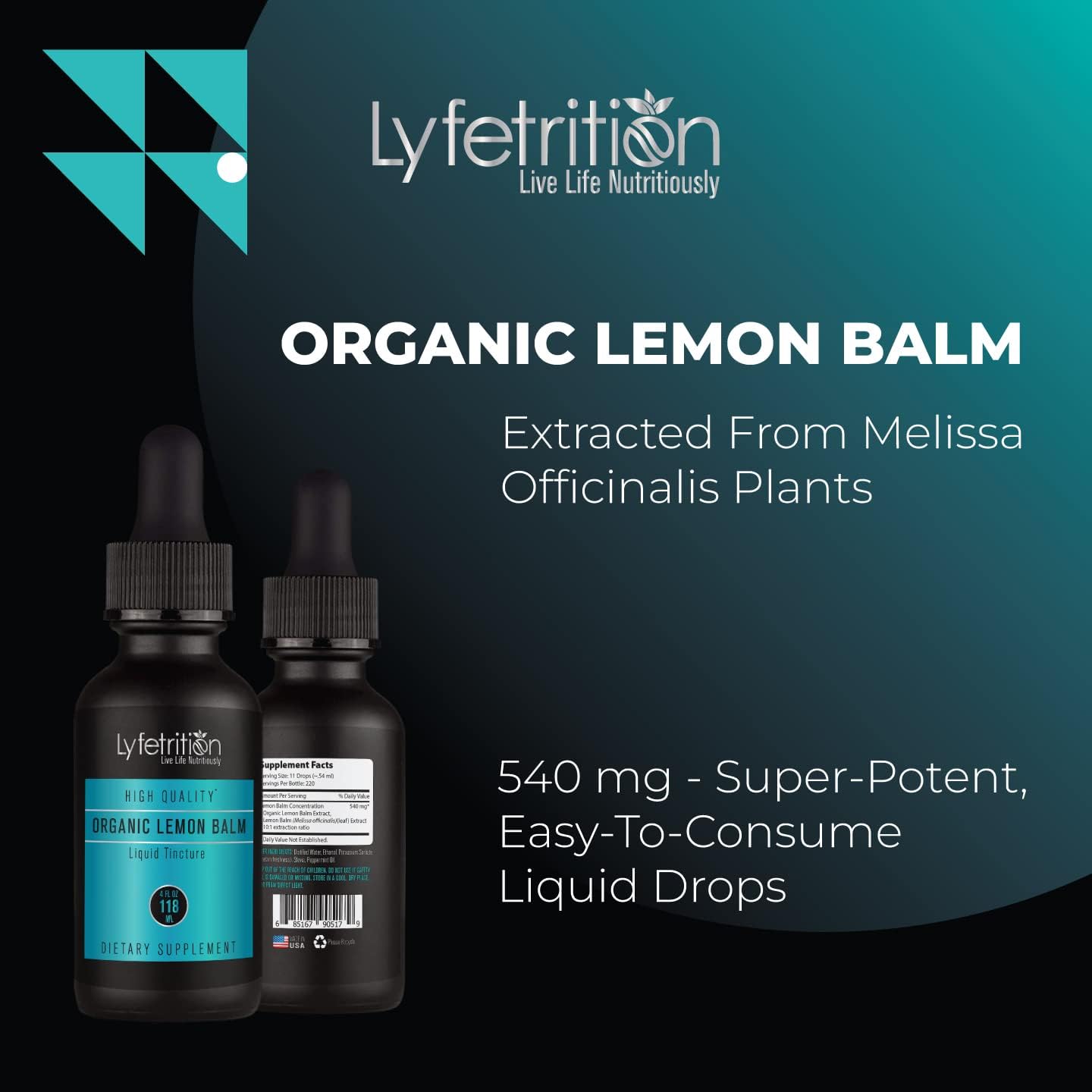 Lyfetrition Extracto Líquido de Melisa Orgánica 540 mg | 118 ml (4 oz) | 220 Porciones | Fabricado en EE.UU.