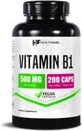 Healthfare Vitamina B1 (Tiamina) 500mg | 200 Cápsulas Veganas | Alta Potencia
