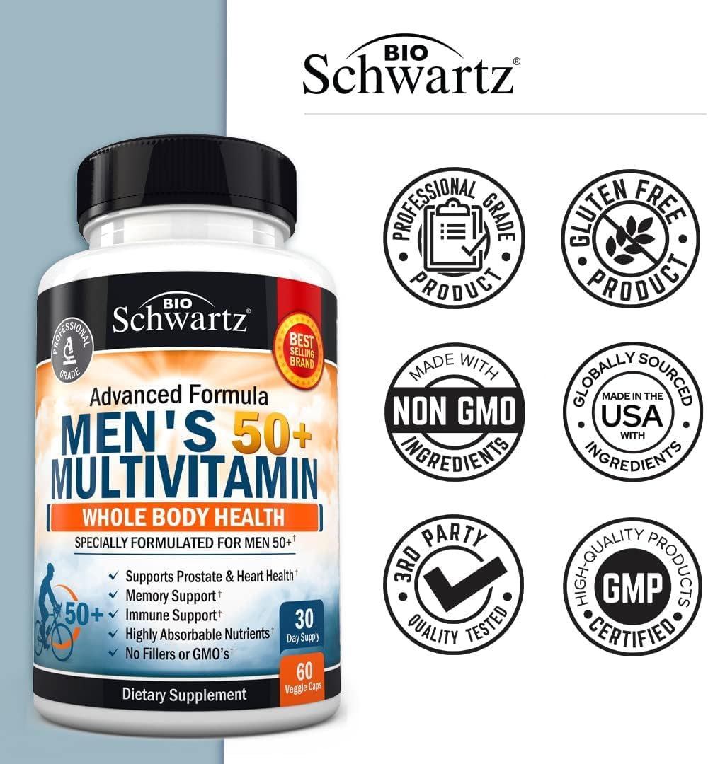 Multivitamínico Diario para Hombres Mayores de 50 Años - Con Zinc, Vitaminas A, B, C, D3, E - Apoyo para la Salud del Corazón y el Cerebro - 60 Cápsulas