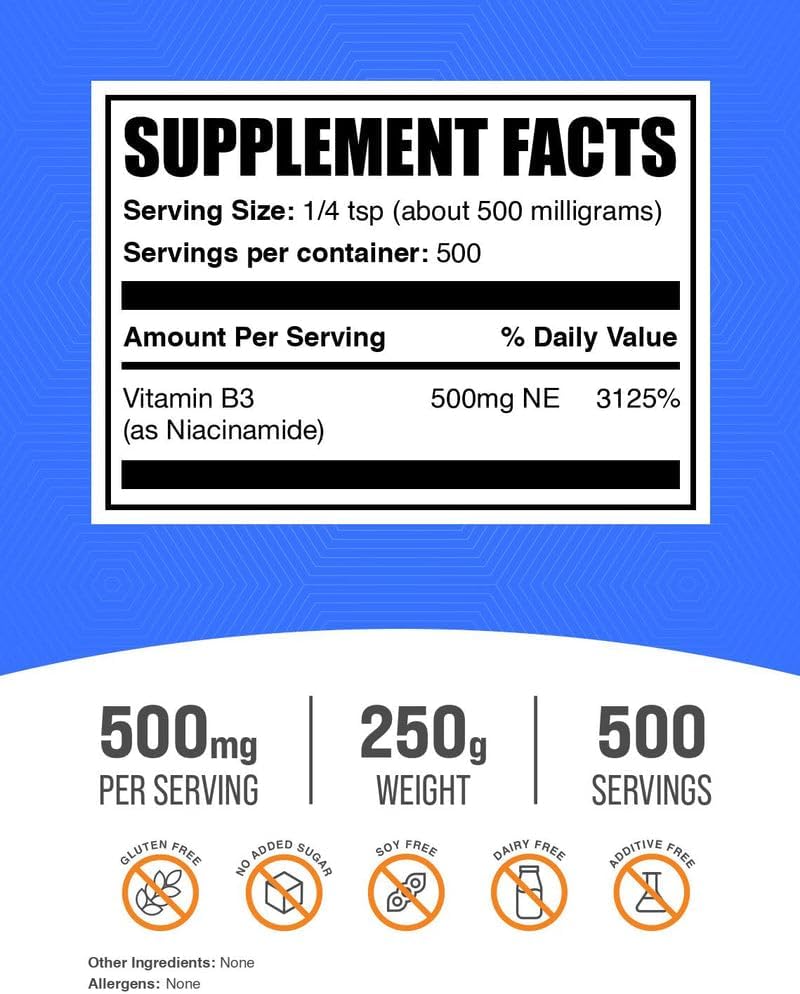 BulkSupplements.com Niacinamide Powder - Vitamin B3, 500mg per Serving, 250g