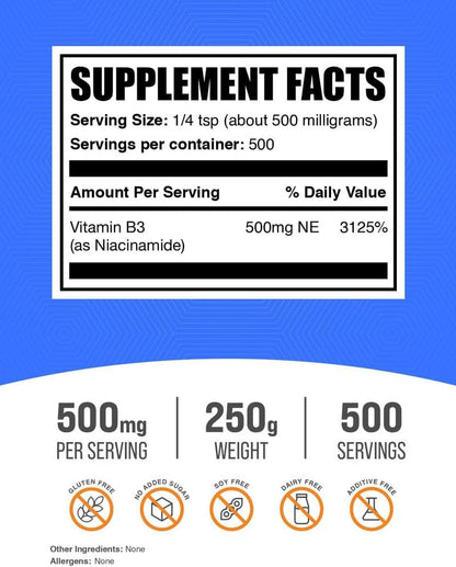BulkSupplements.com Niacinamida en Polvo - Vitamina B3, 500mg por Dosis, 250g – Image 2