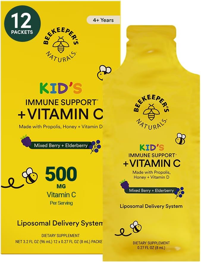 Kid's Immune Liposomal Vitamin C de Beekeeper's Naturals - 500 mg de Vitamina C con Saúco, Vitamina D, Propóleo y Miel - Sabor a Frutos del Bosque - 12 Sobres