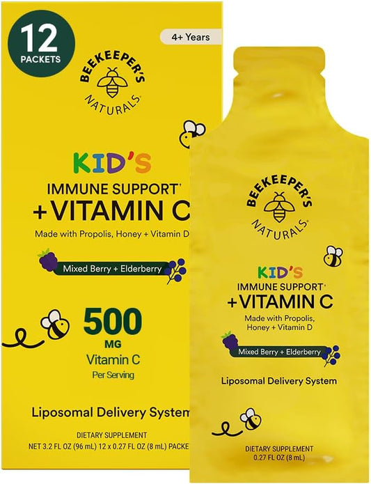 Kid's Immune Liposomal Vitamin C de Beekeeper's Naturals - 500 mg de Vitamina C con Saúco, Vitamina D, Propóleo y Miel - Sabor a Frutos del Bosque - 12 Sobres