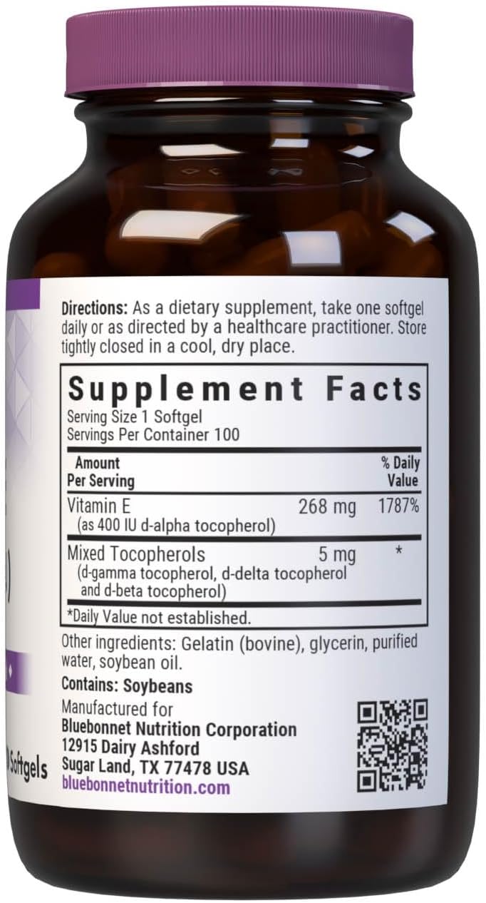 Bluebonnet Nutrition Vitamin E 400 IU (268 mg) Mixed Tocopherols, Softgels - 100 Count