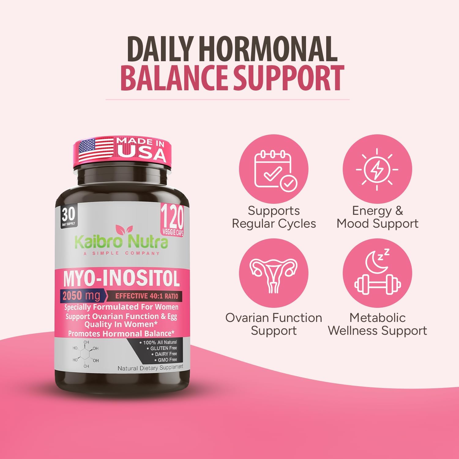 Kaibro Nutra Myo-Inositol con D-Chiro Inositol 40:1, 2050mg, Cápsulas Veganas, 120 Unidades